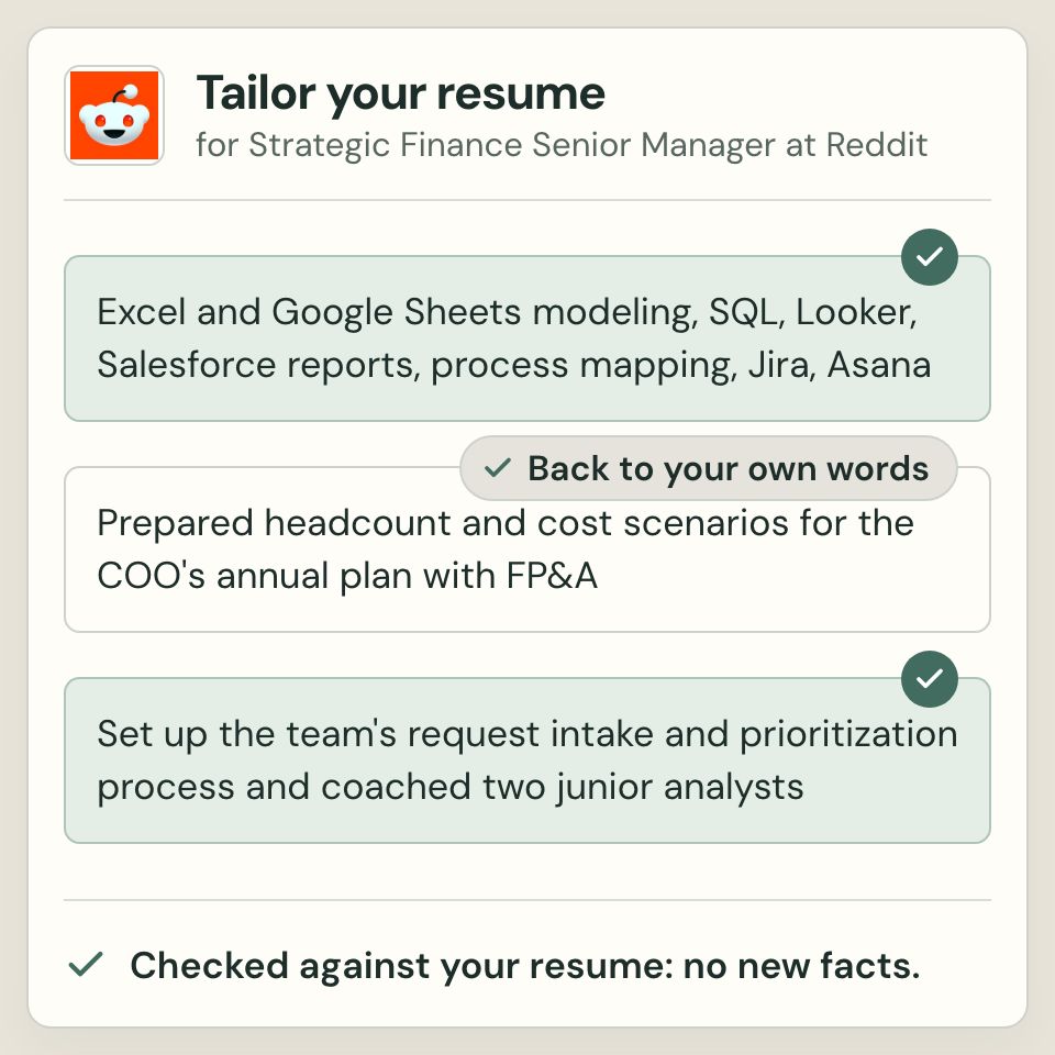 A suggested resume line adds a figure the person never wrote, and goes back to their own words
