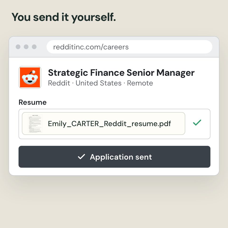 The tailored resume downloads to the person, who attaches it on the employer's own careers page